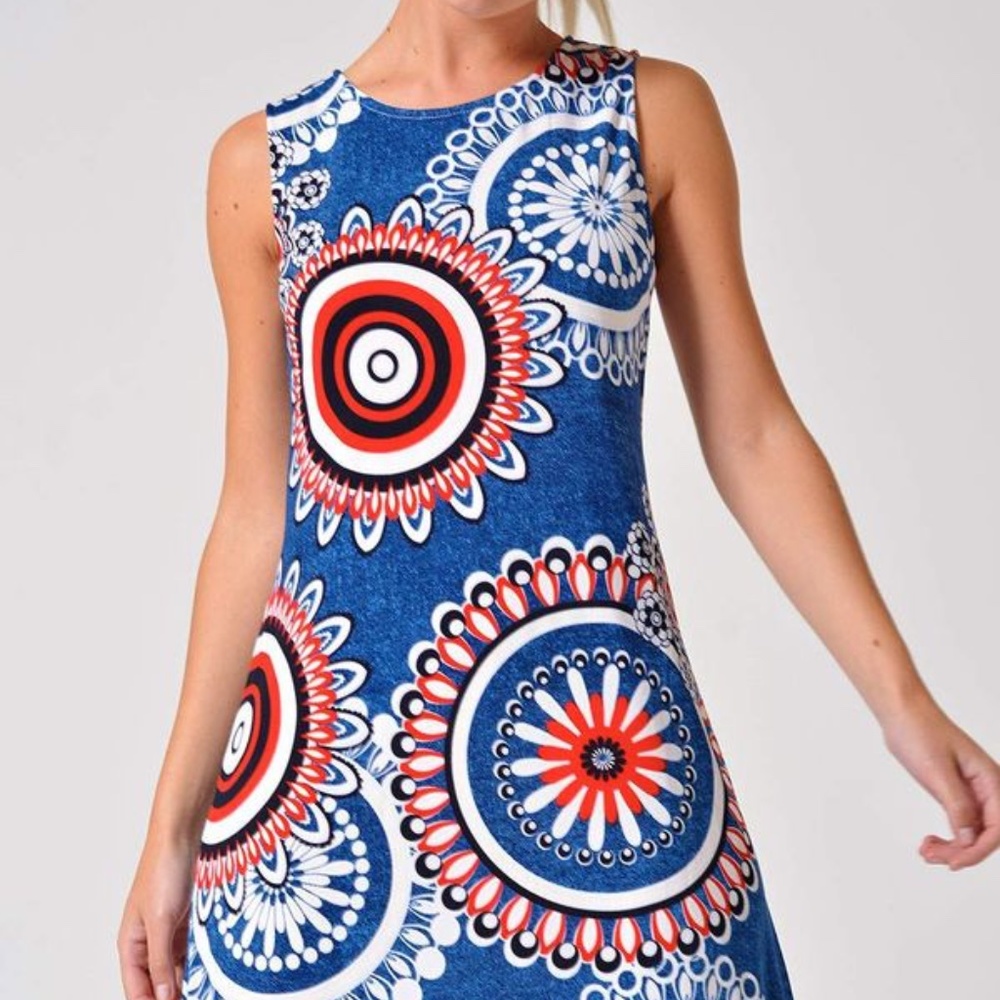PAPILLION RETRO SHEATH DRESS COLORFUL BOLD BOHO PRINT RED BLUE WHITE SZ L - Picture 5 of 6